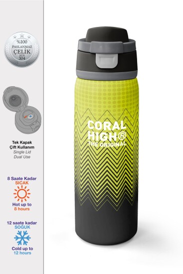 Coral High Yeşil Siyah Desenli Pipetli ve Direkt İçim Çelik Termos 800 ml 38588 