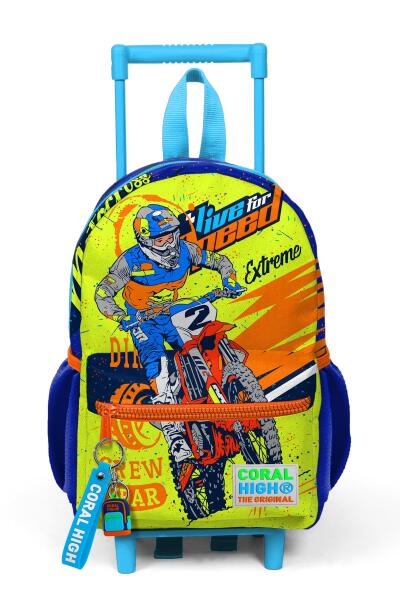 Minik Yuva Çekçekli Sırt Çantası Fosforlu Sarı Saks Motorsiklet Desenli İki Bölmeli 24042 - 3