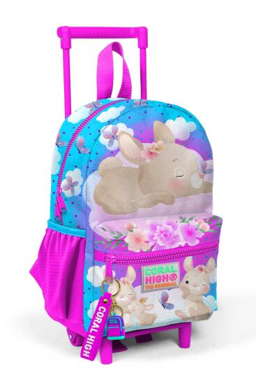 Minik Yuva Çekçekli Sırt Çantası Mavi Pembe Tavşan Desenli İki Bölmeli 24036 