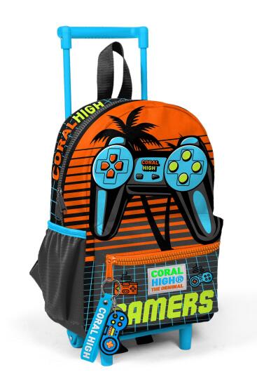 Minik Yuva Çekçekli Sırt Çantası Gri Turuncu Gamer Desenli İki Bölmeli 24046 