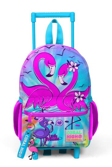 Minik Yuva Çekçekli Sırt Çantası Mavi Pembe Flamingo Desenli İki Bölmeli 24030 - 3