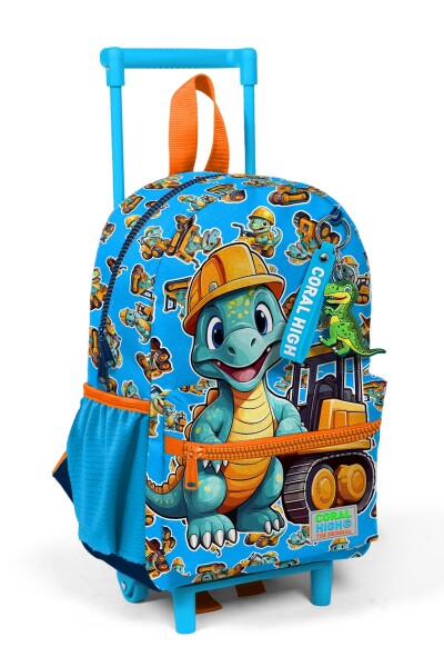 Minik Yuva Çekçekli Sırt Çantası Mavi Turuncu Dinozor Desenli İki Bölmeli 24071 - 1