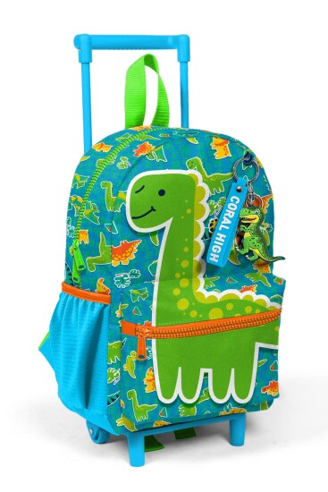 Minik Yuva Çekçekli Sırt Çantası Mavi Yeşil Dinozor Desenli İki Bölmeli 24070 - Coral High