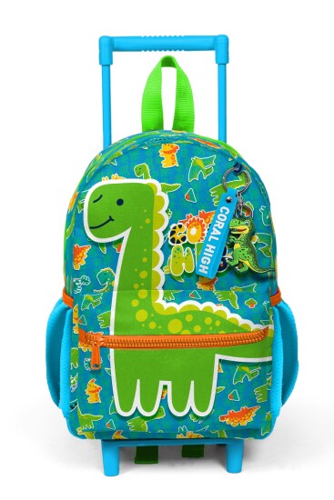 Minik Yuva Çekçekli Sırt Çantası Mavi Yeşil Dinozor Desenli İki Bölmeli 24070 - 6