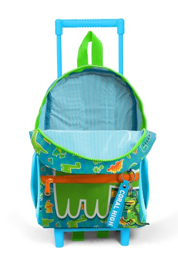 Minik Yuva Çekçekli Sırt Çantası Mavi Yeşil Dinozor Desenli İki Bölmeli 24070 - 3