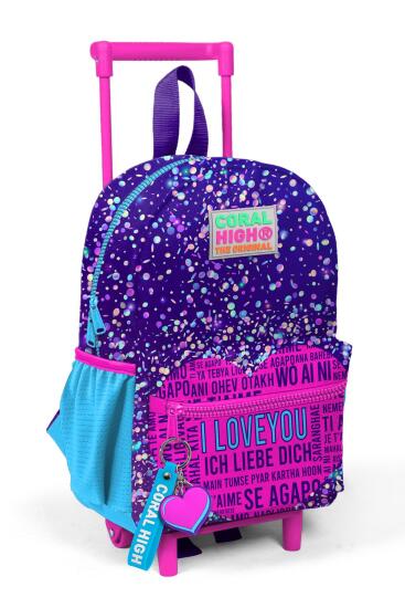 Minik Yuva Çekçekli Sırt Çantası Mor Mavi Pembe Kalp Desenli İki Bölmeli 24040 