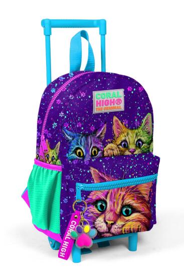 Minik Yuva Çekçekli Sırt Çantası Mor Pembe Kedi Desenli İki Bölmeli 24032 