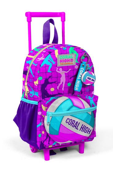 Minik Yuva Çekçekli Sırt Çantası Pembe Mor Voleybol Desenli İki Bölmeli 24061 