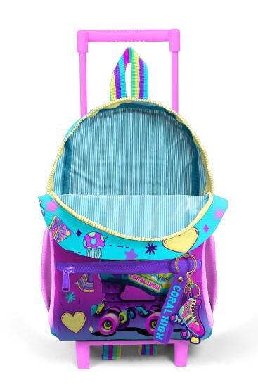 Minik Yuva Çekçekli Sırt Çantası Pembe Turkuaz Kulaklık Paten Desenli İki Bölmeli 24054 - 3