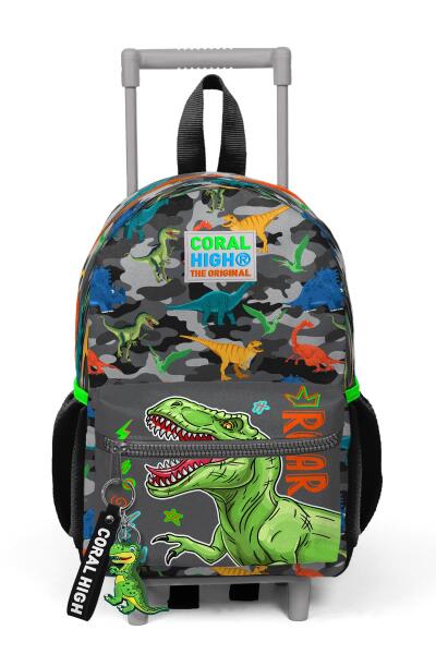 Minik Yuva Çekçekli Sırt Çantası Siyah Gri Dinozor Desenli İki Bölmeli 24044 - 3