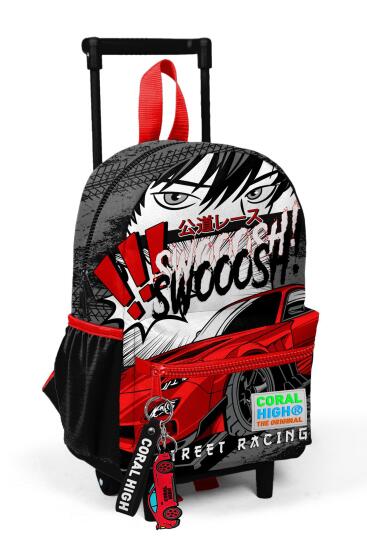 Minik Yuva Çekçekli Sırt Çantası Siyah Kırmızı Anime Araba Desenli İki Bölmeli 24047 - Coral High KIDS