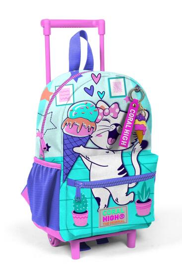 Minik Yuva Çekçekli Sırt Çantası Turkuaz Pembe Dondurmalı Kedi Desenli İki Bölmeli 24051 - CORAL HIGH KIDS