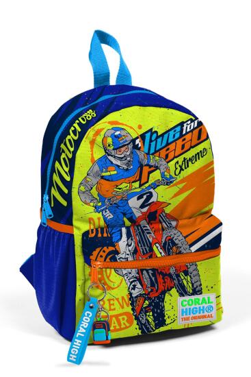 Minik Yuva Sırt Çantası Fosforlu Sarı Saks Motorsiklet Desenli İki Bölmeli 23542 - Coral High KIDS