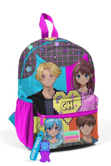 Minik Yuva Sırt Çantası Gri Mavi Pembe Anime Desenli İki Bölmeli 23537 