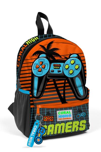 Minik Yuva Sırt Çantası Gri Turuncu Gamer Desenli İki Bölmeli 23546 - 1