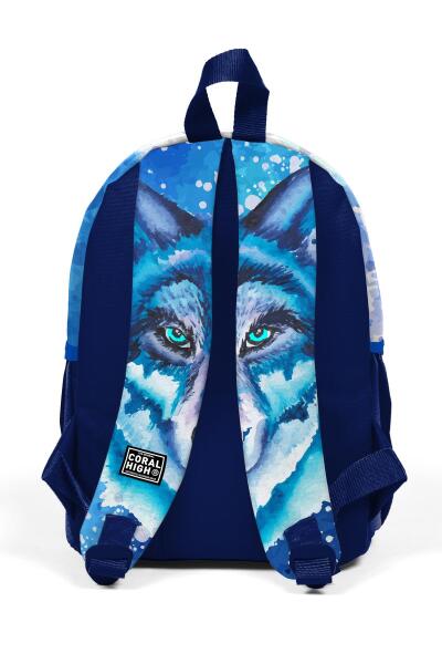 Minik Yuva Sırt Çantası Lacivert Mavi Kurt Desenli Desenli İki Bölmeli 23543 - 3