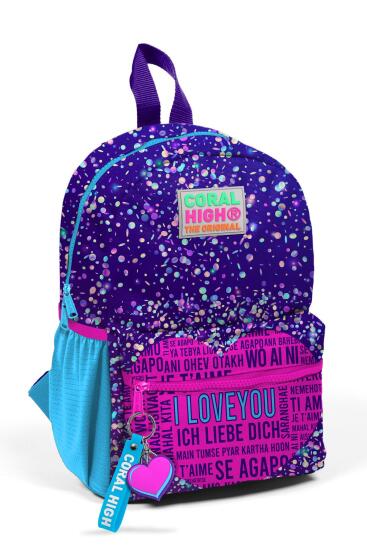 Minik Yuva Sırt Çantası Mor Mavi Pembe Kalp Desenli İki Bölmeli 23540 