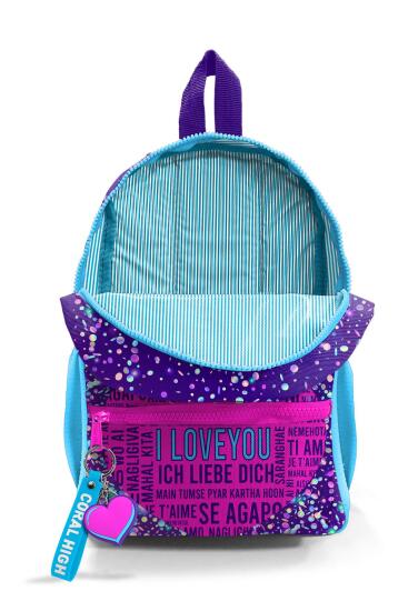 Minik Yuva Sırt Çantası Mor Mavi Pembe Kalp Desenli İki Bölmeli 23540 - 4