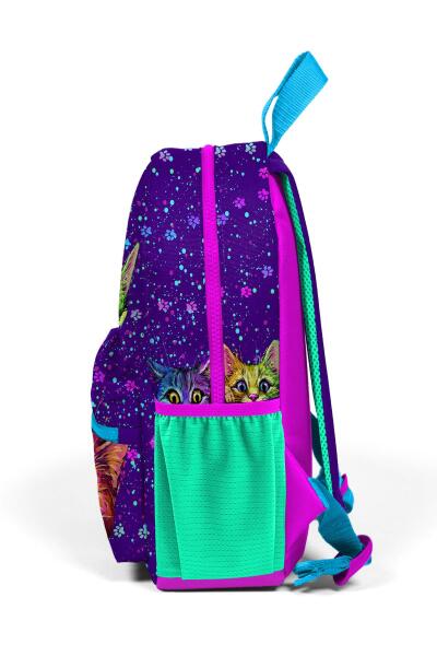 Minik Yuva Sırt Çantası Mor Pembe Kedi Desenli İki Bölmeli 23532 - 6