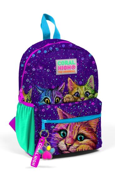 Minik Yuva Sırt Çantası Mor Pembe Kedi Desenli İki Bölmeli 23532 