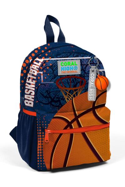 Minik Yuva Sırt Çantası Turuncu Lacivert Basketbol Desenli İki Bölmeli 23566 - 1