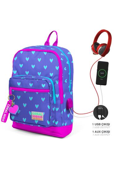 Coral High Kids Lavanta Pembe Kalp Desenli Dört Bölmeli USB'li Okul Sırt Çantası 23806 