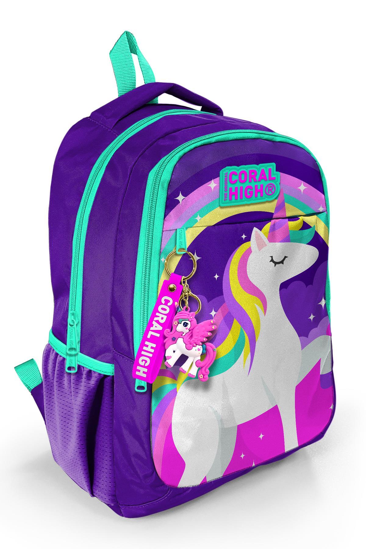 Coral High Kids Mor Su Yeşili Unicorn Desenli Üç Bölmeli Okul Sırt Çantası 14376